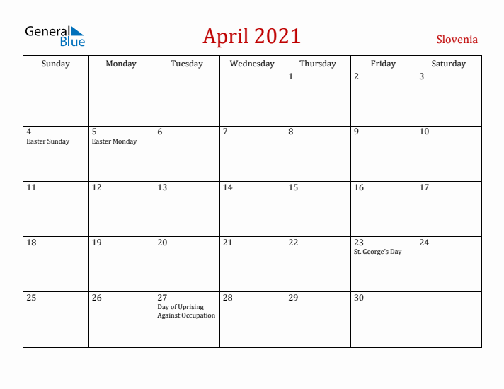Slovenia April 2021 Calendar - Sunday Start