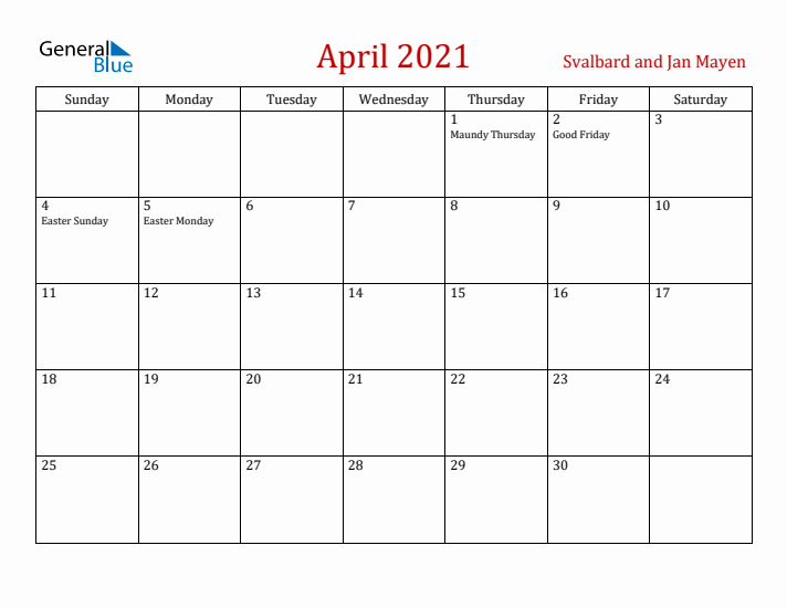 Svalbard and Jan Mayen April 2021 Calendar - Sunday Start