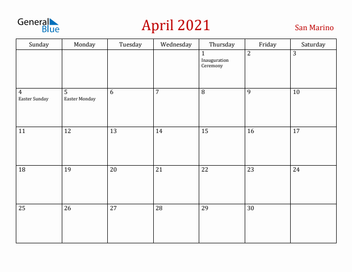 San Marino April 2021 Calendar - Sunday Start