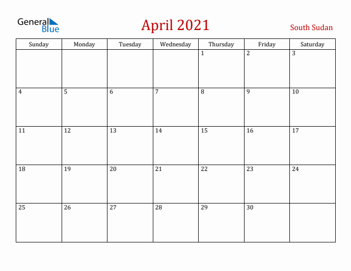 South Sudan April 2021 Calendar - Sunday Start