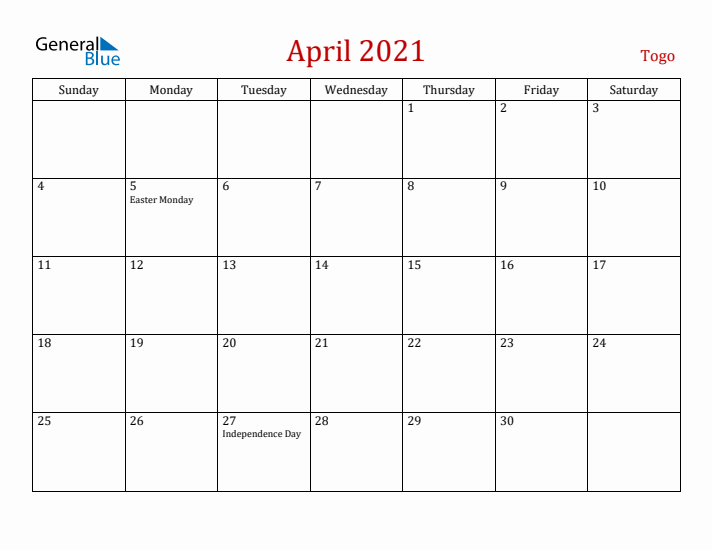 Togo April 2021 Calendar - Sunday Start