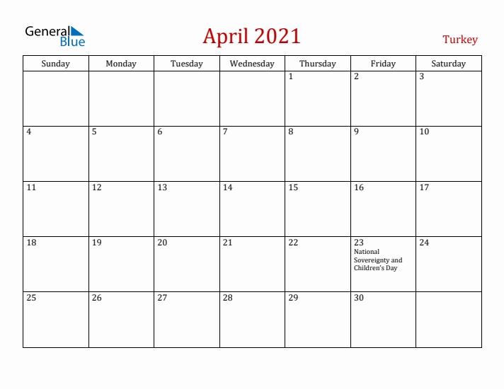 Turkey April 2021 Calendar - Sunday Start