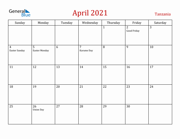 Tanzania April 2021 Calendar - Sunday Start