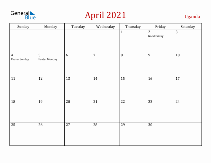 Uganda April 2021 Calendar - Sunday Start