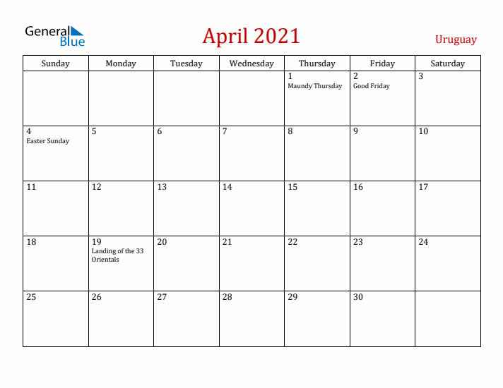 Uruguay April 2021 Calendar - Sunday Start