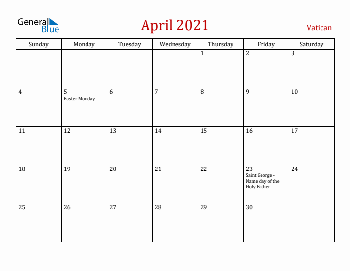 Vatican April 2021 Calendar - Sunday Start
