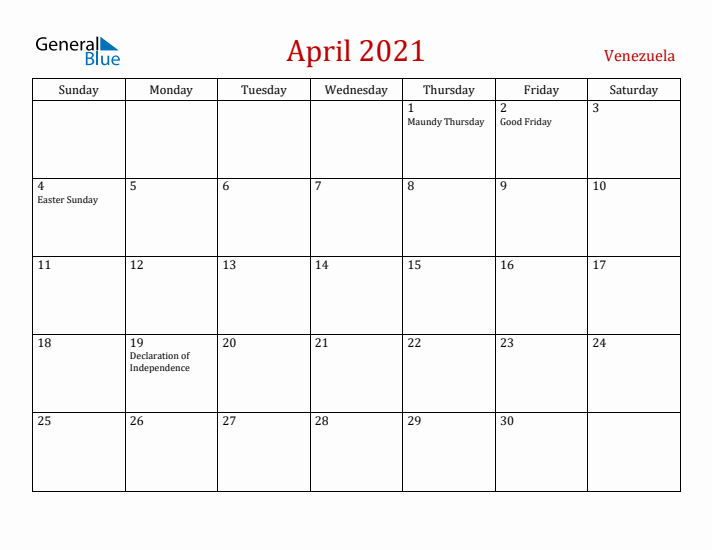 Venezuela April 2021 Calendar - Sunday Start
