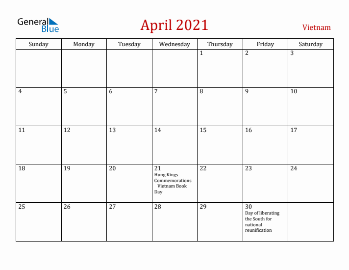Vietnam April 2021 Calendar - Sunday Start