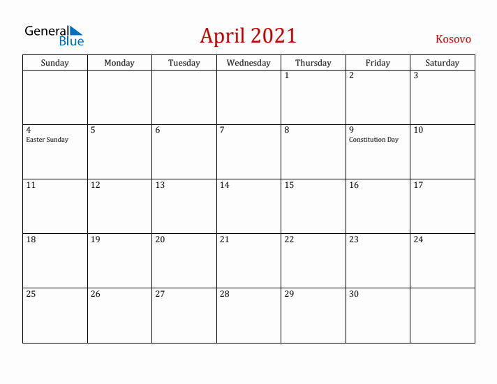 Kosovo April 2021 Calendar - Sunday Start