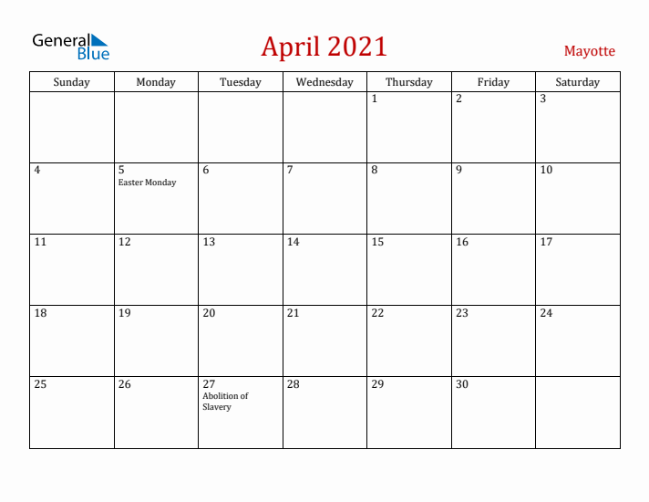 Mayotte April 2021 Calendar - Sunday Start