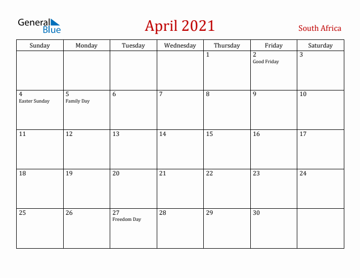 South Africa April 2021 Calendar - Sunday Start