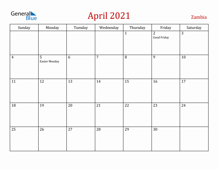 Zambia April 2021 Calendar - Sunday Start
