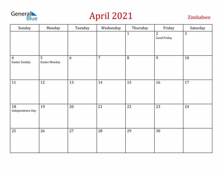 Zimbabwe April 2021 Calendar - Sunday Start