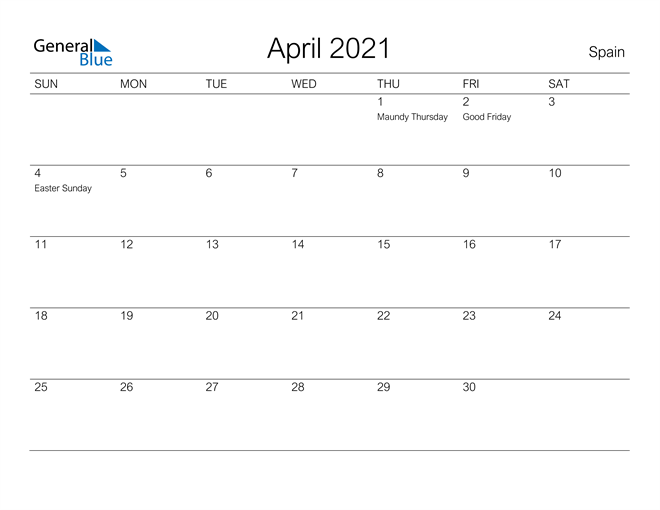 Spain April 2021 Calendar with Holidays