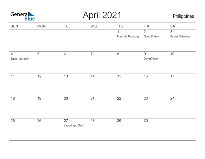 Printable April 2021 Calendar for Philippines