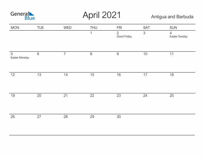 Printable April 2021 Calendar for Antigua and Barbuda