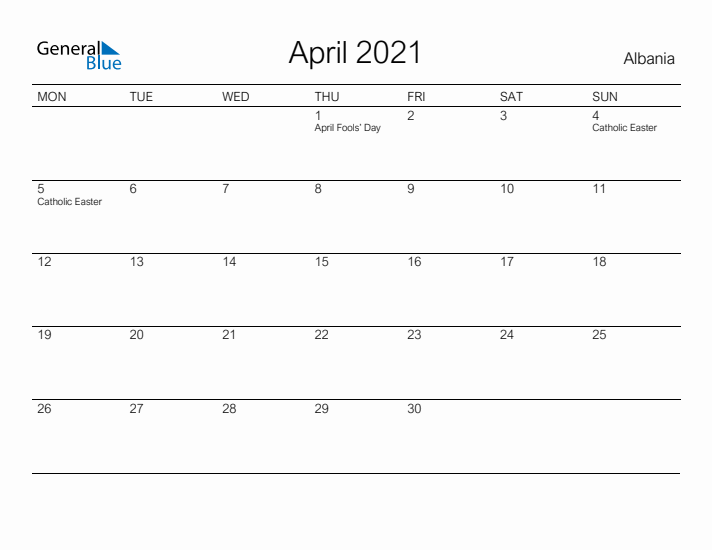 Printable April 2021 Calendar for Albania