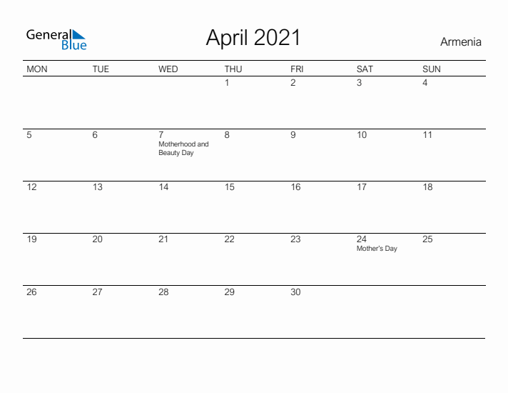 Printable April 2021 Calendar for Armenia