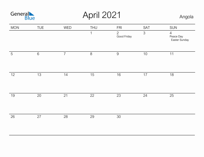Printable April 2021 Calendar for Angola