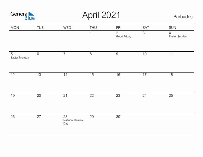 Printable April 2021 Calendar for Barbados