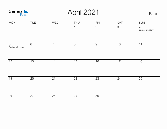Printable April 2021 Calendar for Benin