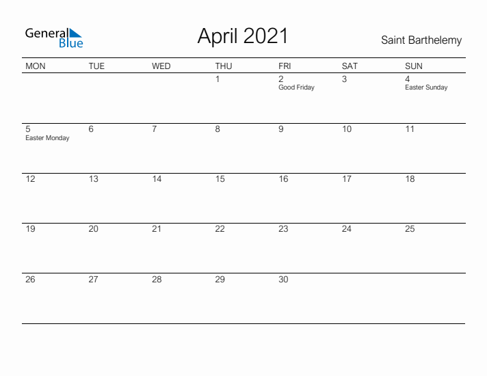 Printable April 2021 Calendar for Saint Barthelemy
