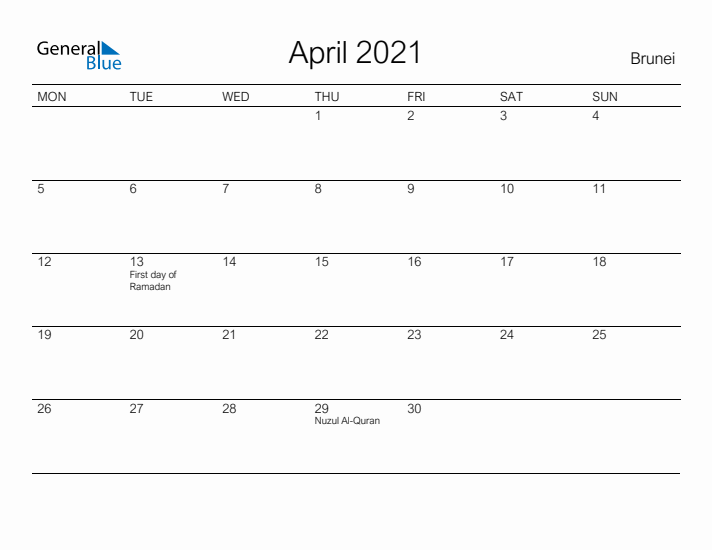 Printable April 2021 Calendar for Brunei