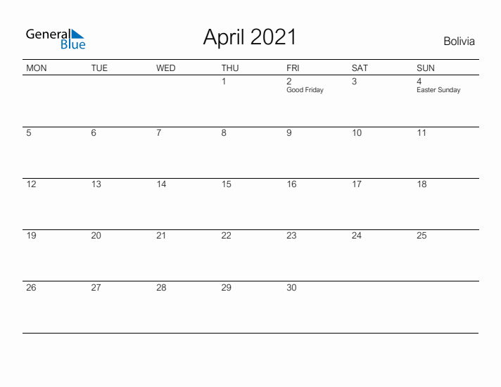 Printable April 2021 Calendar for Bolivia
