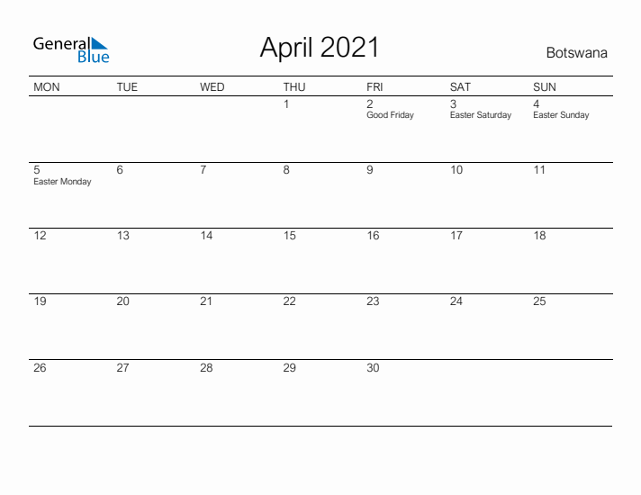 Printable April 2021 Calendar for Botswana