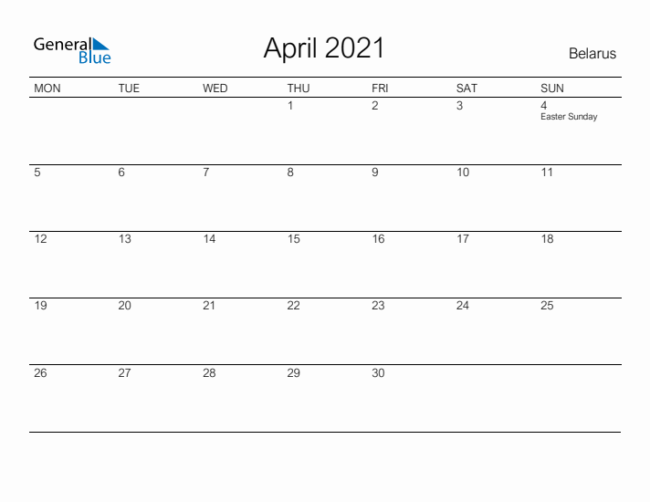 Printable April 2021 Calendar for Belarus