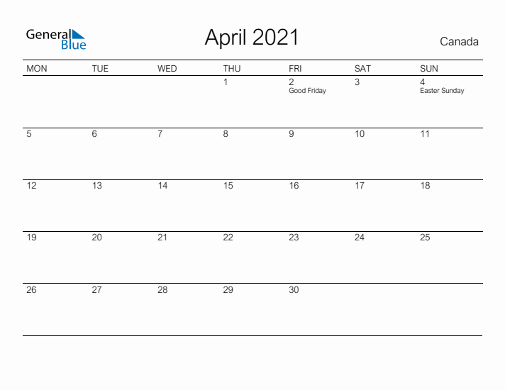 Printable April 2021 Calendar for Canada