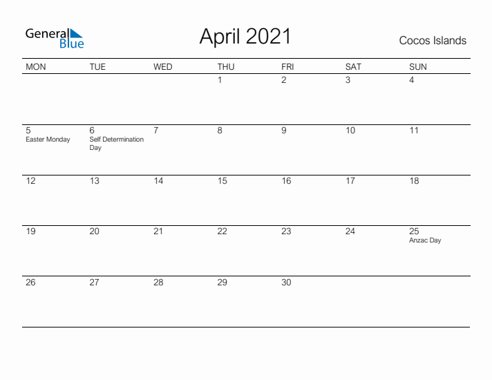 Printable April 2021 Calendar for Cocos Islands
