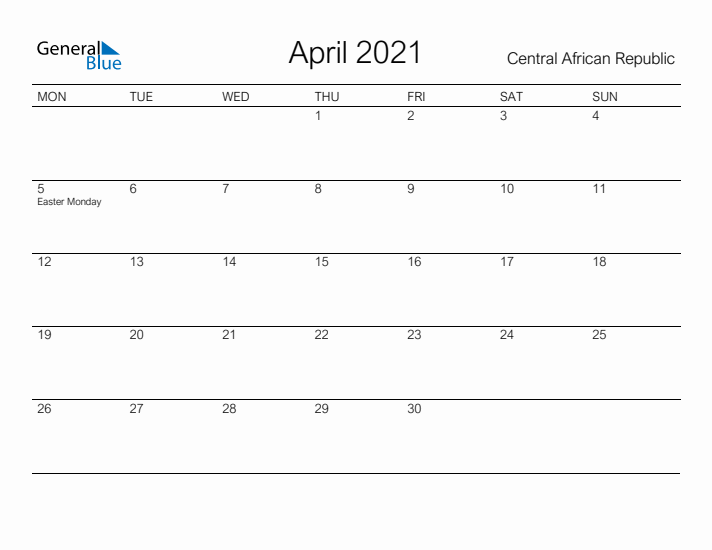 Printable April 2021 Calendar for Central African Republic