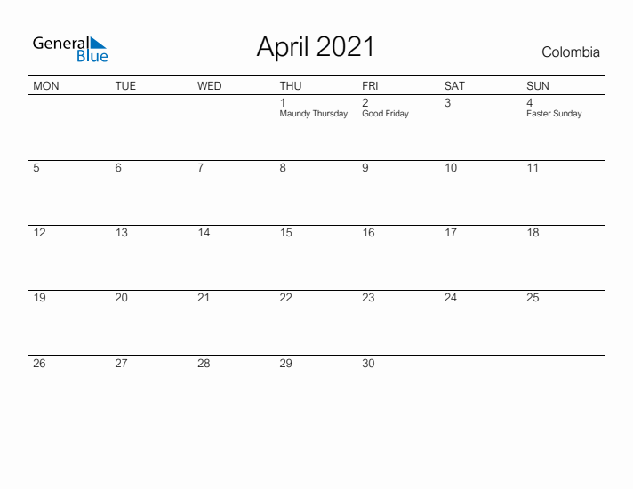 Printable April 2021 Calendar for Colombia