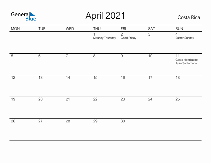Printable April 2021 Calendar for Costa Rica