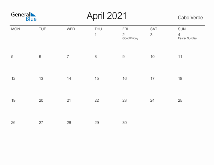 Printable April 2021 Calendar for Cabo Verde