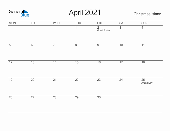 Printable April 2021 Calendar for Christmas Island