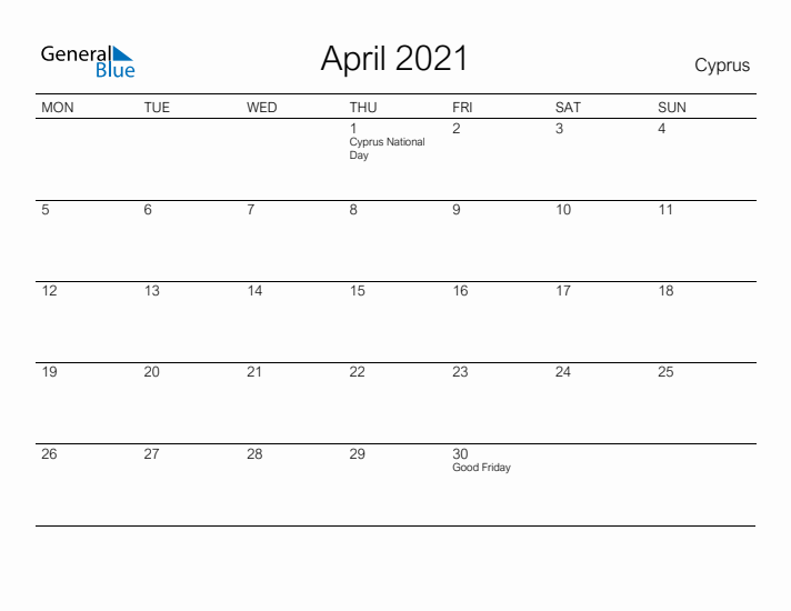 Printable April 2021 Calendar for Cyprus
