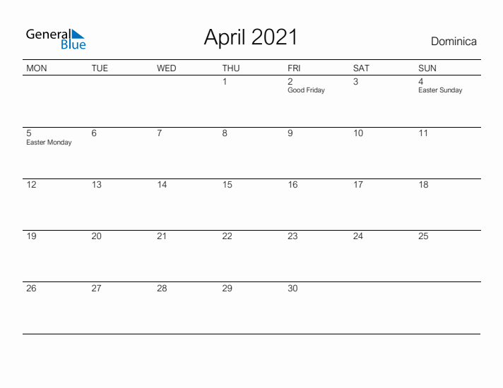Printable April 2021 Calendar for Dominica