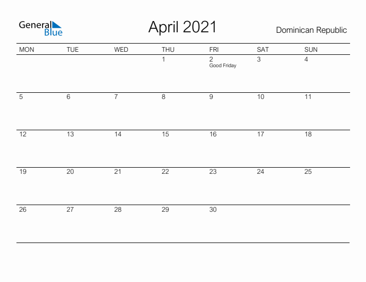 Printable April 2021 Calendar for Dominican Republic