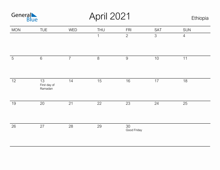 Printable April 2021 Calendar for Ethiopia