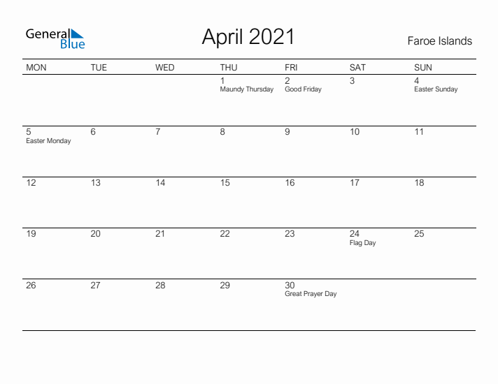 Printable April 2021 Calendar for Faroe Islands
