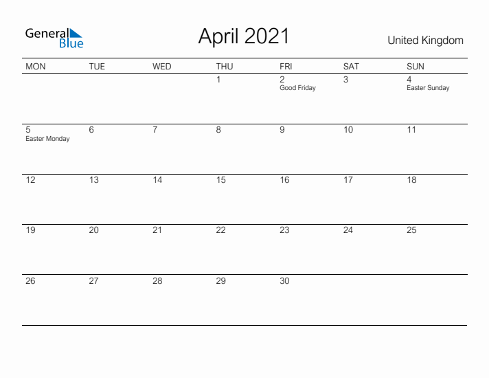 Printable April 2021 Calendar for United Kingdom