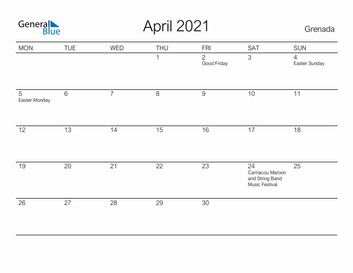 Printable April 2021 Calendar for Grenada