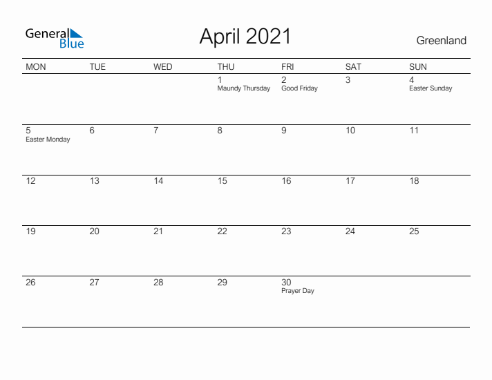 Printable April 2021 Calendar for Greenland
