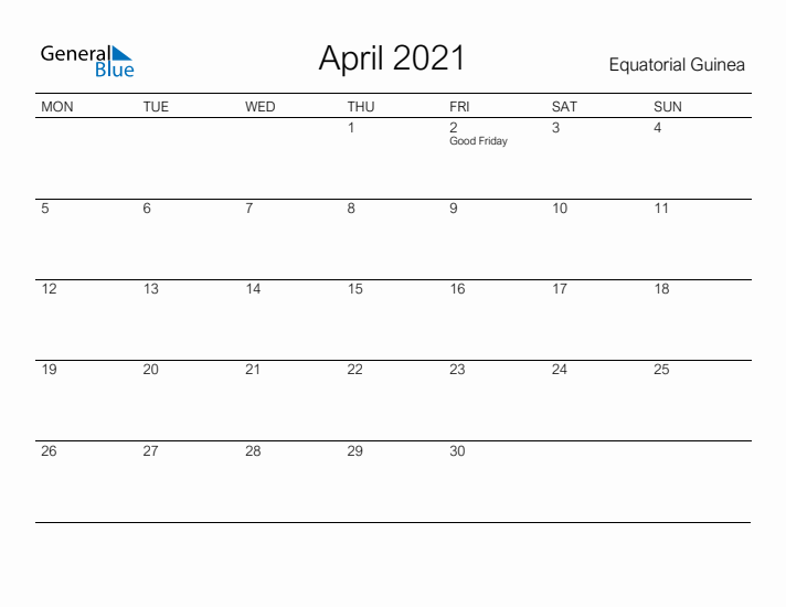 Printable April 2021 Calendar for Equatorial Guinea