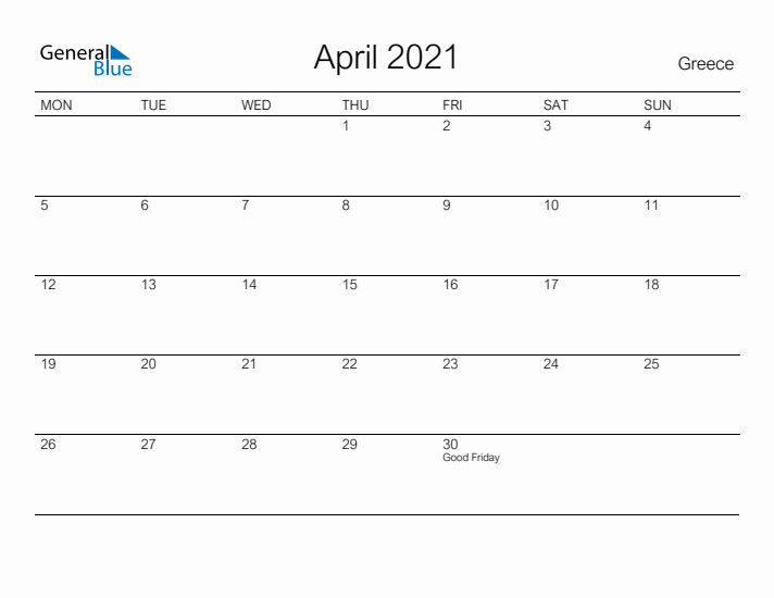 Printable April 2021 Calendar for Greece