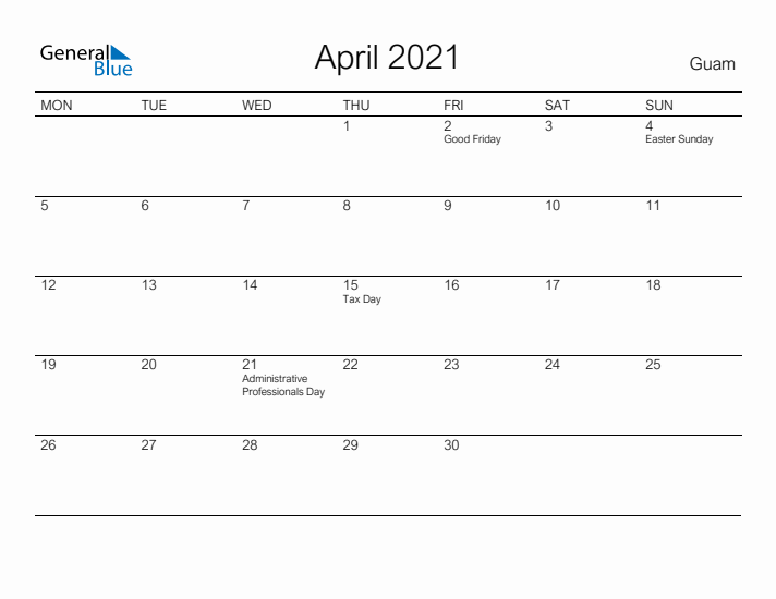 Printable April 2021 Calendar for Guam