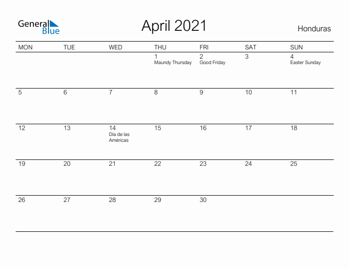 Printable April 2021 Calendar for Honduras
