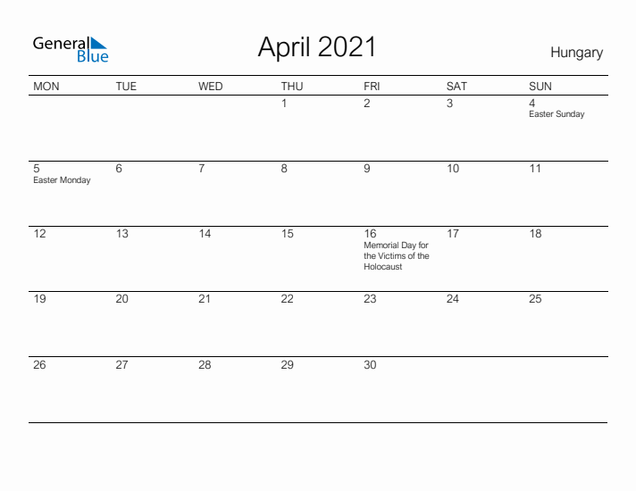 Printable April 2021 Calendar for Hungary